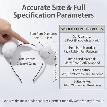 erioctry 3-Pack Cute Panda Ears Headbands - Plush Pom Pom Hair Bands for Women, Halloween Costume & Party Accessories (Black, White, Pink)