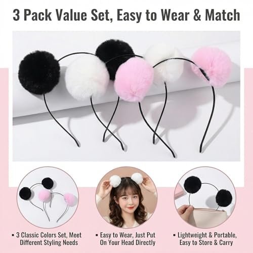 erioctry 3-Pack Cute Panda Ears Headbands - Plush Pom Pom Hair Bands for Women, Halloween Costume & Party Accessories (Black, White, Pink) - görsel 10