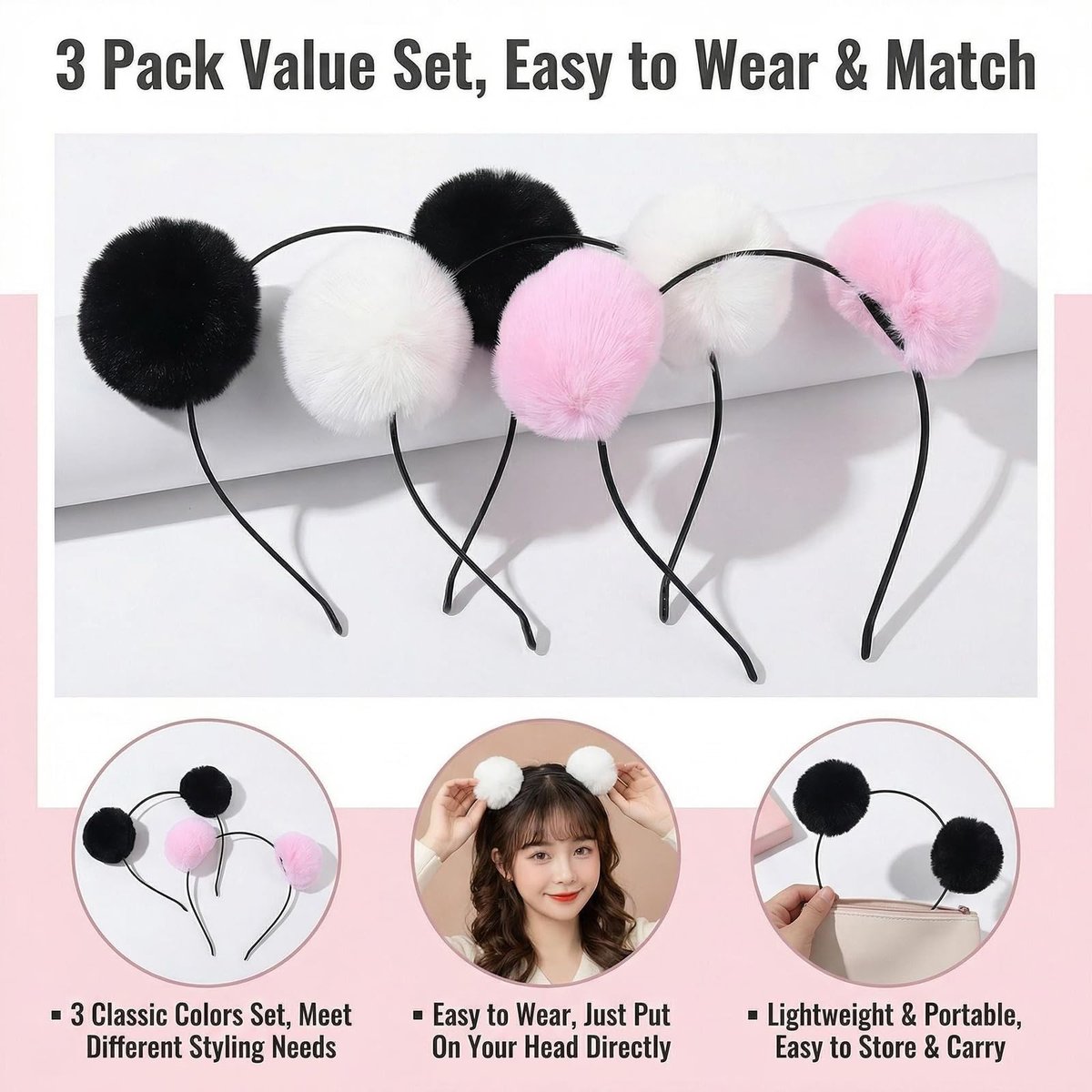 erioctry 3-Pack Cute Panda Ears Headbands - Plush Pom Pom Hair Bands for Women, Halloween Costume & Party Accessories (Black, White, Pink) - görsel 9