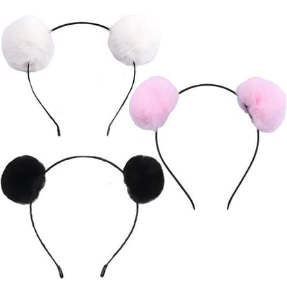 erioctry 3-Pack Cute Panda Ears Headbands - Plush Pom Pom Hair Bands for Women, Halloween Costume & Party Accessories (Black, White, Pink)