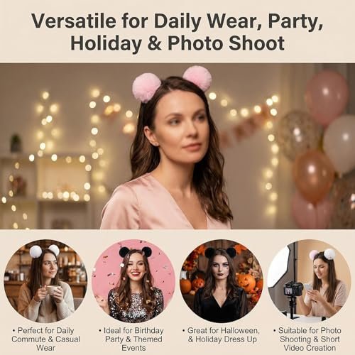 erioctry 3-Pack Cute Panda Ears Headbands - Plush Pom Pom Hair Bands for Women, Halloween Costume & Party Accessories (Black, White, Pink) - görsel 14