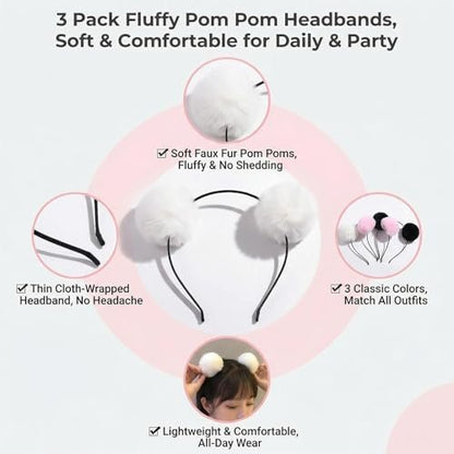 erioctry 3-Pack Cute Panda Ears Headbands - Plush Pom Pom Hair Bands for Women, Halloween Costume & Party Accessories (Black, White, Pink)
