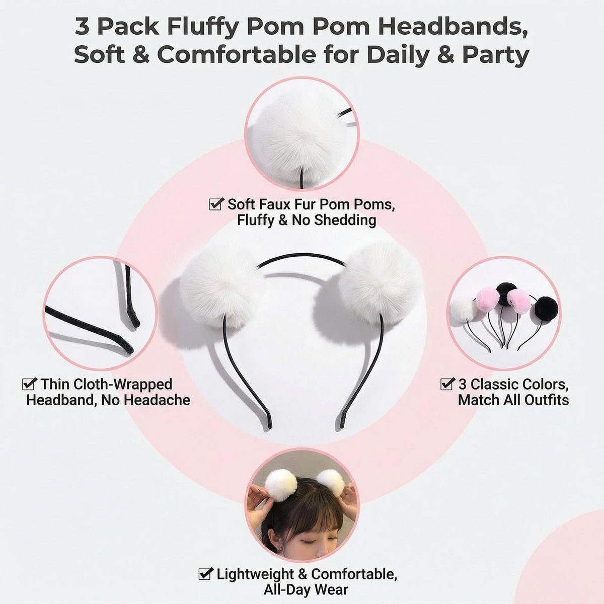 erioctry 3-Pack Cute Panda Ears Headbands - Plush Pom Pom Hair Bands for Women, Halloween Costume & Party Accessories (Black, White, Pink) - görsel 5