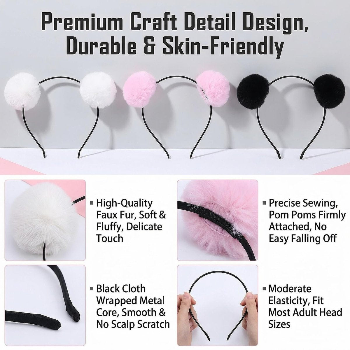 erioctry 3-Pack Cute Panda Ears Headbands - Plush Pom Pom Hair Bands for Women, Halloween Costume & Party Accessories (Black, White, Pink) - görsel 7
