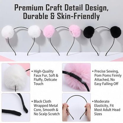 erioctry 3-Pack Cute Panda Ears Headbands - Plush Pom Pom Hair Bands for Women, Halloween Costume & Party Accessories (Black, White, Pink)