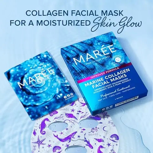 MAREE Collagen Facial Mask with Hyaluronic Acid — Hydrating Sheet Mask for Radiant Skin, Centella Asiatica & Algae Extracts, 6 Count Avelisse