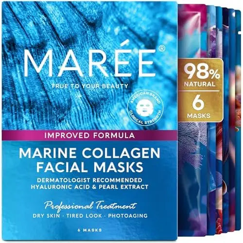 MAREE Collagen Facial Mask with Hyaluronic Acid — Hydrating Sheet Mask for Radiant Skin, Centella Asiatica & Algae Extracts, 6 Count Avelisse