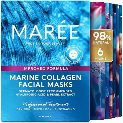 MAREE Collagen Facial Mask with Hyaluronic Acid — Hydrating Sheet Mask for Radiant Skin, Centella Asiatica & Algae Extracts, 6 Count Avelisse