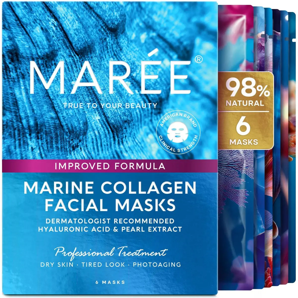 MAREE Collagen Facial Mask with Hyaluronic Acid — Hydrating Sheet Mask for Radiant Skin, Centella Asiatica & Algae Extracts, 6 Count Avelisse