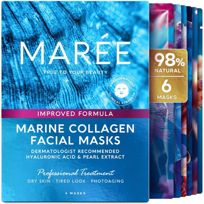 MAREE Collagen Facial Mask with Hyaluronic Acid — Hydrating Sheet Mask for Radiant Skin, Centella Asiatica & Algae Extracts, 6 Count Avelisse