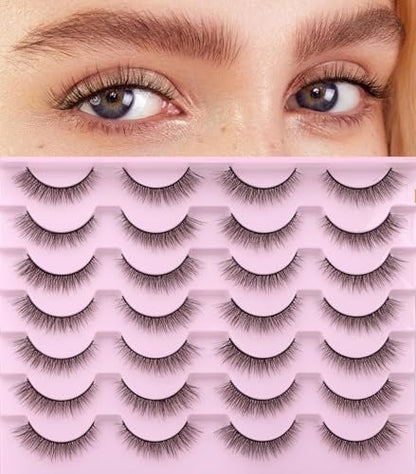 Kiromiro Natural Lashes 10mm Wispy False Eyelashes - Faux Mink Strip Lashes for Everyday Wear (14 Pairs, Black)