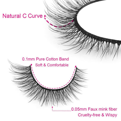 Kiromiro Natural Lashes 10mm Wispy False Eyelashes - Faux Mink Strip Lashes for Everyday Wear (14 Pairs, Black)