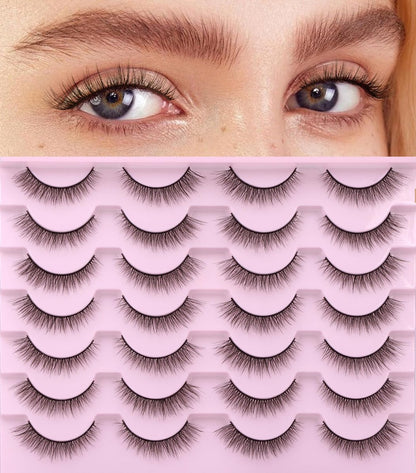 Kiromiro Natural Lashes 10mm Wispy False Eyelashes - Faux Mink Strip Lashes for Everyday Wear (14 Pairs, Black)