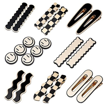16 PCS Magicsky Simple No Bend Hair Clips - Black White Checker Barrettes, No Crease Wave Geometric Duckbill Pins, Korean Styling Minimalist Hairpin Hair Accessories for Women Girls