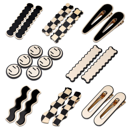 16 PCS Magicsky Simple No Bend Hair Clips - Black White Checker Barrettes, No Crease Wave Geometric Duckbill Pins, Korean Styling Minimalist Hairpin Hair Accessories for Women Girls