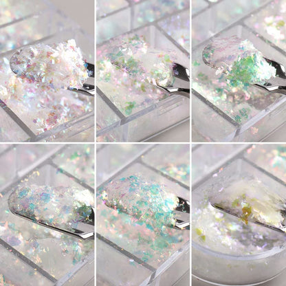 12 Grids Holographic Nail Art Glitter Flakes - Iridescent Mermaid Colorful Star Gradient Ice Slag Sequins for Summer Nail Decoration