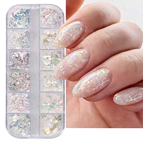12 Grids Holographic Nail Art Glitter Flakes - Iridescent Mermaid Colorful Star Gradient Ice Slag Sequins for Summer Nail Decoration - görsel 2
