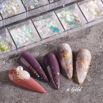 12 Grids Holographic Nail Art Glitter Flakes - Iridescent Mermaid Colorful Star Gradient Ice Slag Sequins for Summer Nail Decoration