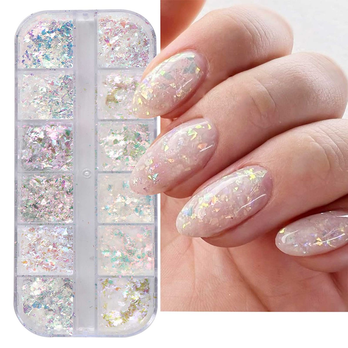 12 Grids Holographic Nail Art Glitter Flakes - Iridescent Mermaid Colorful Star Gradient Ice Slag Sequins for Summer Nail Decoration - görsel 1