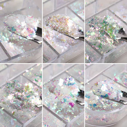 12 Grids Holographic Nail Art Glitter Flakes - Iridescent Mermaid Colorful Star Gradient Ice Slag Sequins for Summer Nail Decoration