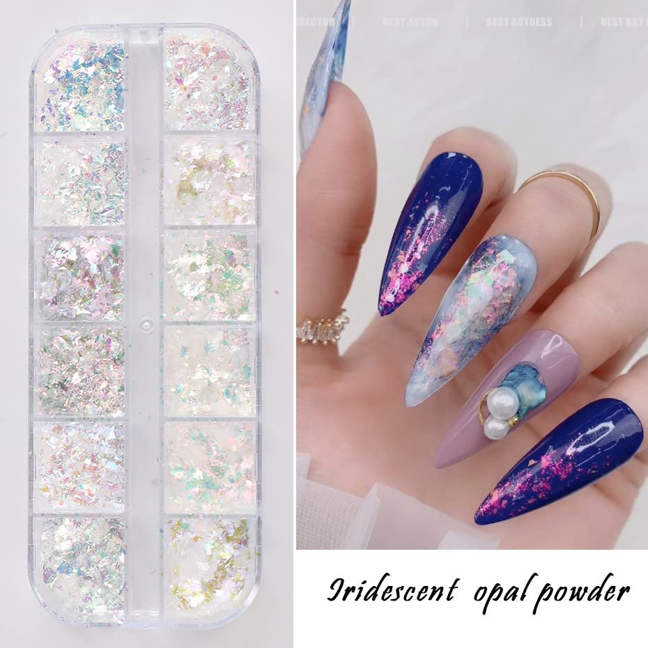 12 Grids Holographic Nail Art Glitter Flakes - Iridescent Mermaid Colorful Star Gradient Ice Slag Sequins for Summer Nail Decoration - görsel 3