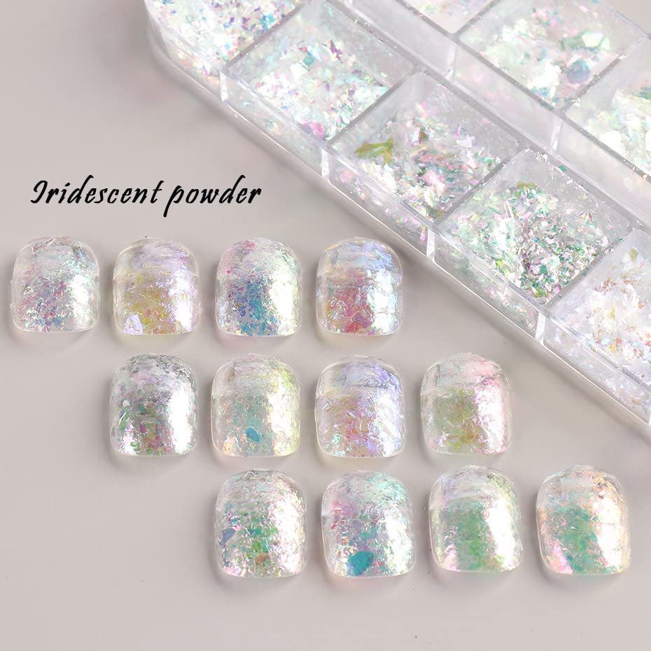 12 Grids Holographic Nail Art Glitter Flakes - Iridescent Mermaid Colorful Star Gradient Ice Slag Sequins for Summer Nail Decoration - görsel 7