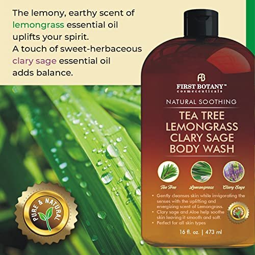 First Botany All Natural Body Wash - Tea Tree, Lemongrass, Clary Sage - Fights Body Odor, Athlete's Foot, Jock Itch, Dandruff, Acne, Eczema - Shower Gel for Women & Men - 16 fl oz Avelisse