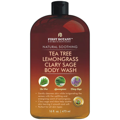 First Botany All Natural Body Wash - Tea Tree, Lemongrass, Clary Sage - Fights Body Odor, Athlete's Foot, Jock Itch, Dandruff, Acne, Eczema - Shower Gel for Women & Men - 16 fl oz Avelisse