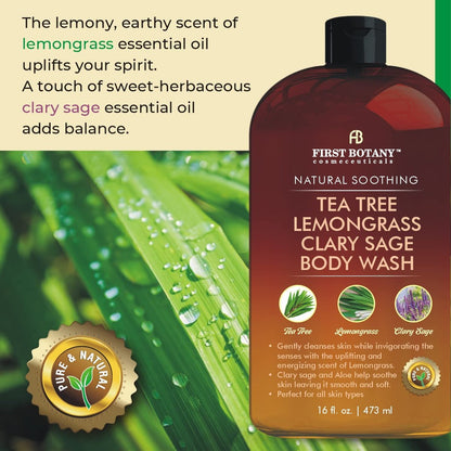 First Botany All Natural Body Wash - Tea Tree, Lemongrass, Clary Sage - Fights Body Odor, Athlete's Foot, Jock Itch, Dandruff, Acne, Eczema - Shower Gel for Women & Men - 16 fl oz Avelisse