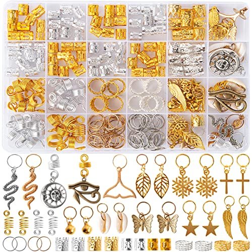 Vaikby 201PCS Gold and Silver Hair Jewelry Beads for Braids – Metal Hair Rings, Dreadlock Accessories, Braid Cuffs & Charms Set - görsel 1