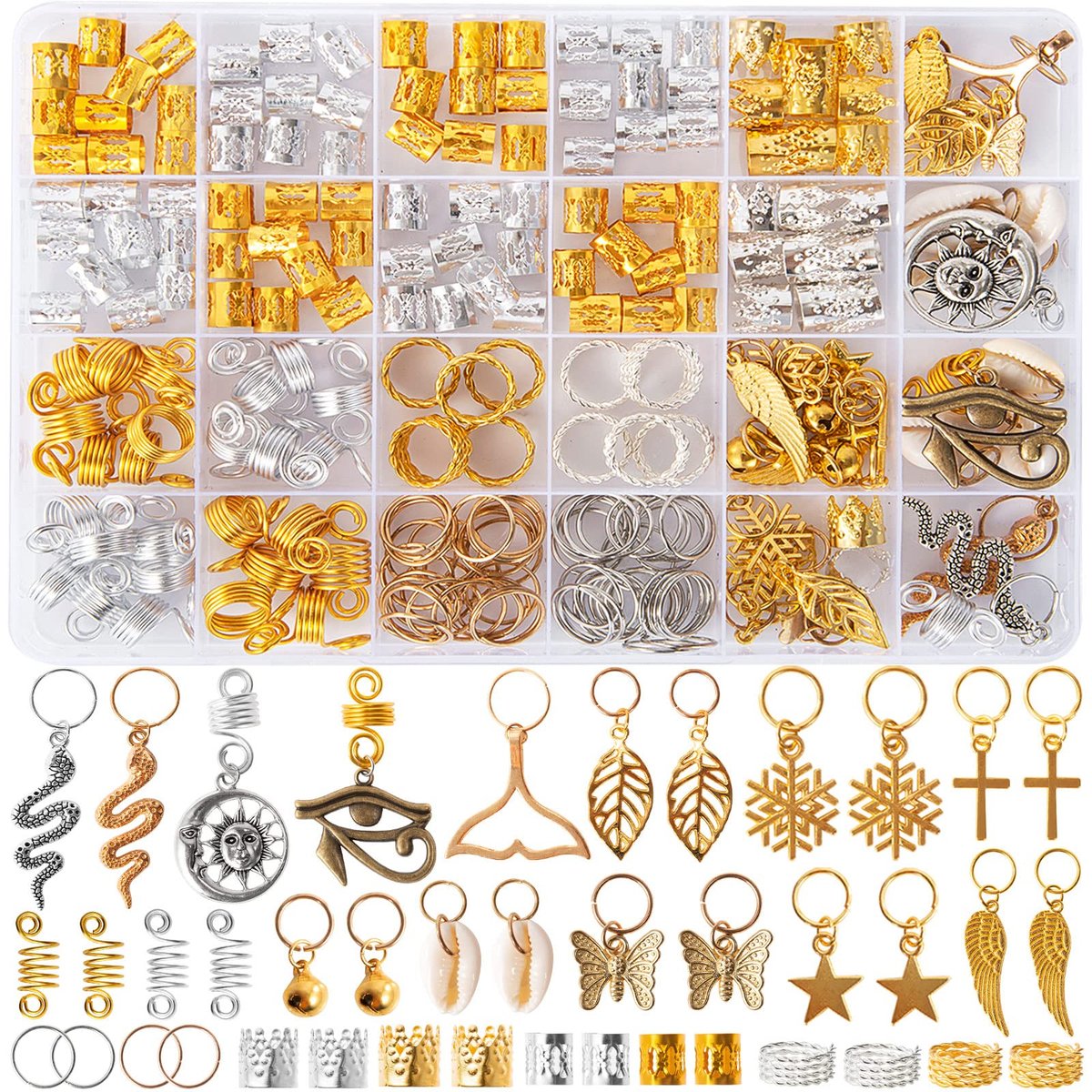 Vaikby 201PCS Gold and Silver Hair Jewelry Beads for Braids – Metal Hair Rings, Dreadlock Accessories, Braid Cuffs & Charms Set - görsel 2