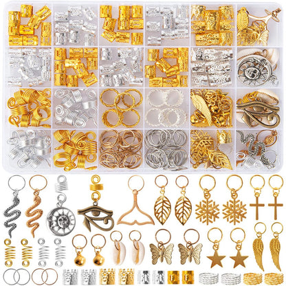 Vaikby 201PCS Gold and Silver Hair Jewelry Beads for Braids – Metal Hair Rings, Dreadlock Accessories, Braid Cuffs & Charms Set
