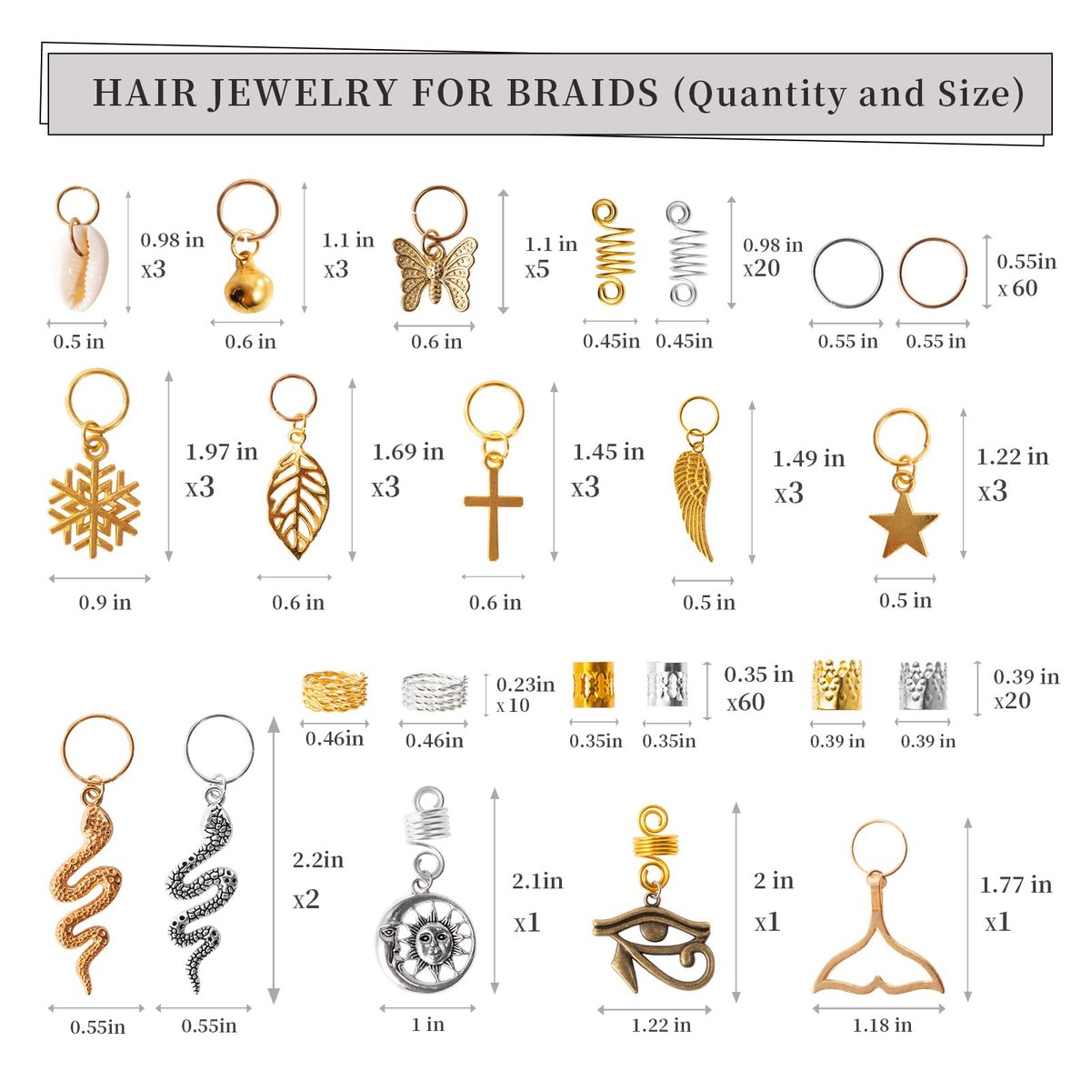 Vaikby 201PCS Gold and Silver Hair Jewelry Beads for Braids – Metal Hair Rings, Dreadlock Accessories, Braid Cuffs & Charms Set - görsel 14