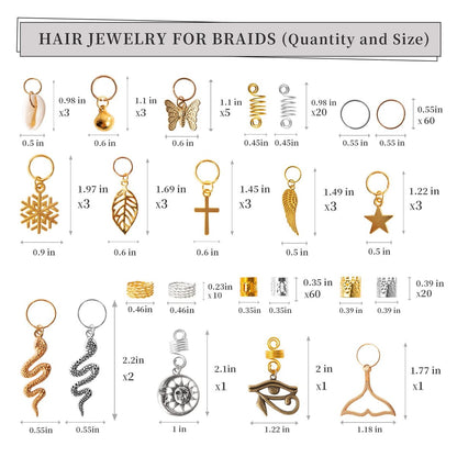 Vaikby 201PCS Gold and Silver Hair Jewelry Beads for Braids – Metal Hair Rings, Dreadlock Accessories, Braid Cuffs & Charms Set