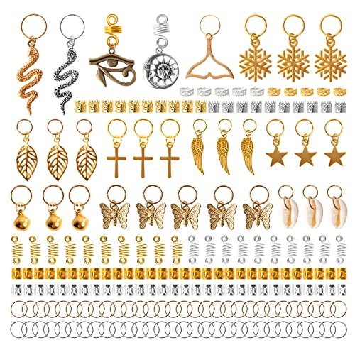 Vaikby 201PCS Gold and Silver Hair Jewelry Beads for Braids – Metal Hair Rings, Dreadlock Accessories, Braid Cuffs & Charms Set - görsel 15