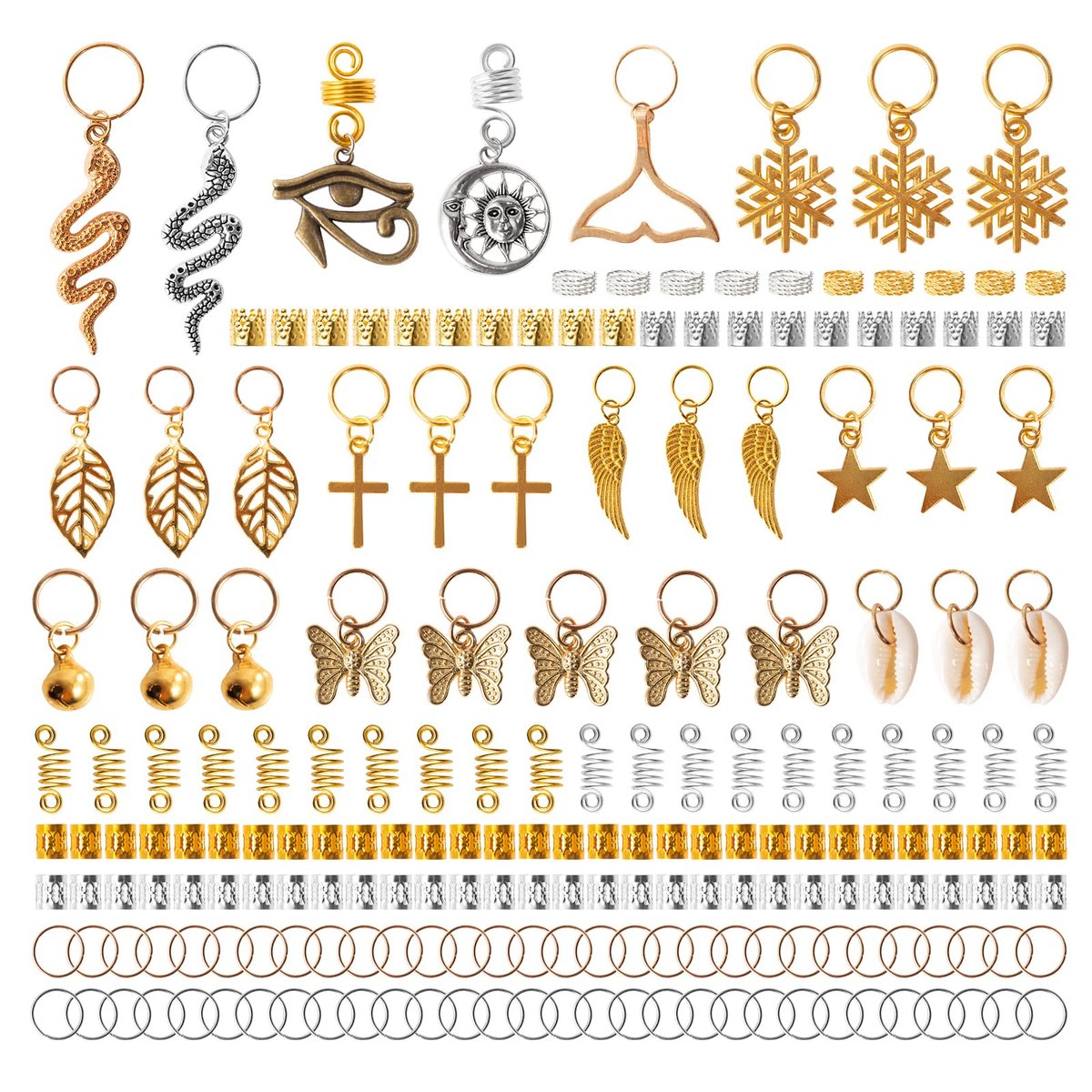 Vaikby 201PCS Gold and Silver Hair Jewelry Beads for Braids – Metal Hair Rings, Dreadlock Accessories, Braid Cuffs & Charms Set - görsel 16