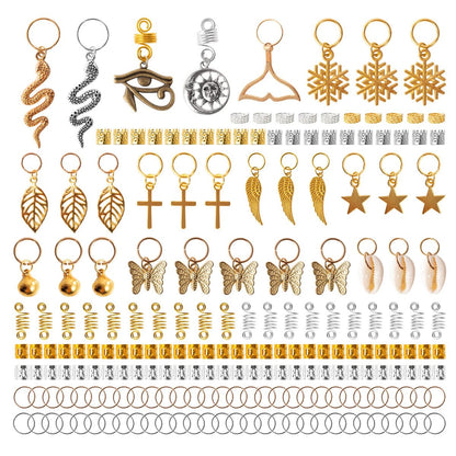 Vaikby 201PCS Gold and Silver Hair Jewelry Beads for Braids – Metal Hair Rings, Dreadlock Accessories, Braid Cuffs & Charms Set