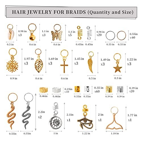 Vaikby 201PCS Gold and Silver Hair Jewelry Beads for Braids – Metal Hair Rings, Dreadlock Accessories, Braid Cuffs & Charms Set - görsel 13