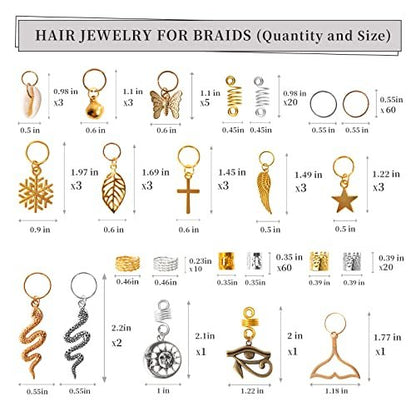 Vaikby 201PCS Gold and Silver Hair Jewelry Beads for Braids – Metal Hair Rings, Dreadlock Accessories, Braid Cuffs & Charms Set