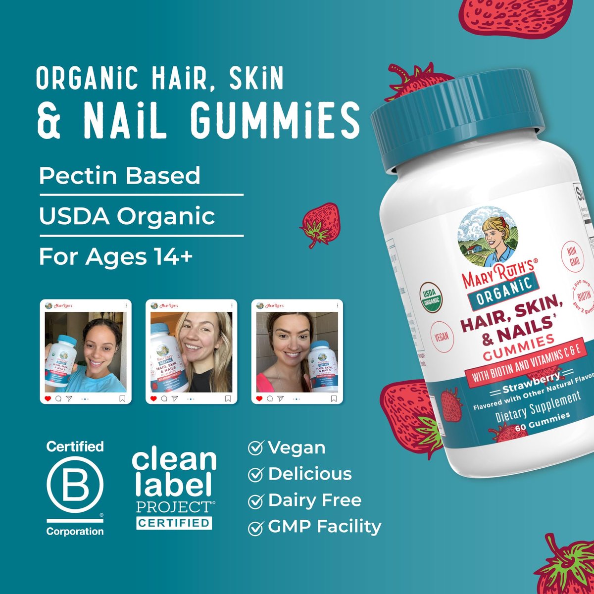 MaryRuth's USDA Organic Hair Skin and Nail Gummies - 2500 mcg Biotin with Vitamin C & E - 60 Count Avelisse
