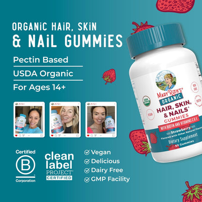 MaryRuth's USDA Organic Hair Skin and Nail Gummies - 2500 mcg Biotin with Vitamin C & E - 60 Count Avelisse