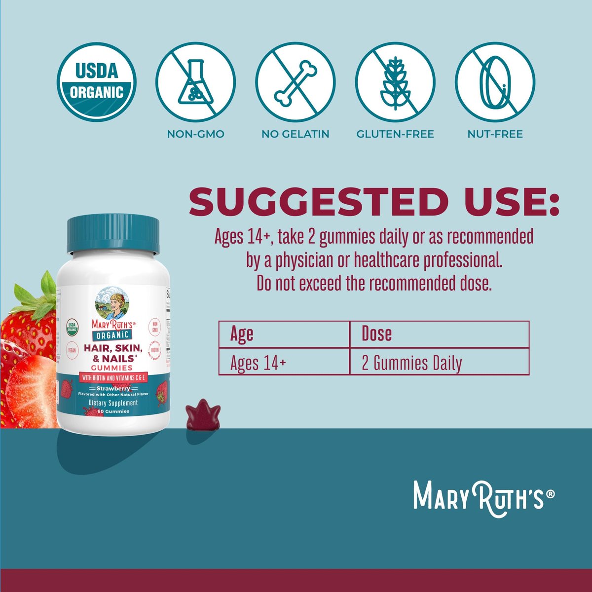 MaryRuth's USDA Organic Hair Skin and Nail Gummies - 2500 mcg Biotin with Vitamin C & E - 60 Count Avelisse