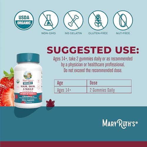 MaryRuth's USDA Organic Hair Skin and Nail Gummies - 2500 mcg Biotin with Vitamin C & E - 60 Count Avelisse