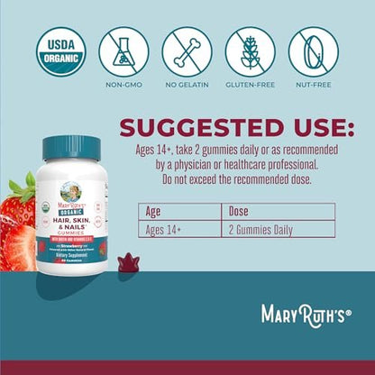MaryRuth's USDA Organic Hair Skin and Nail Gummies - 2500 mcg Biotin with Vitamin C & E - 60 Count Avelisse