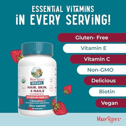 MaryRuth's USDA Organic Hair Skin and Nail Gummies - 2500 mcg Biotin with Vitamin C & E - 60 Count Avelisse
