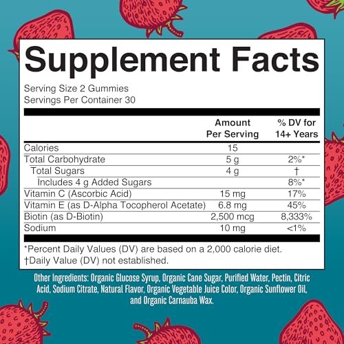 MaryRuth's USDA Organic Hair Skin and Nail Gummies - 2500 mcg Biotin with Vitamin C & E - 60 Count Avelisse