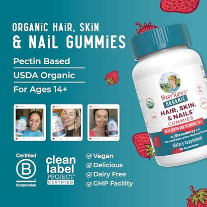 MaryRuth's USDA Organic Hair Skin and Nail Gummies - 2500 mcg Biotin with Vitamin C & E - 60 Count Avelisse
