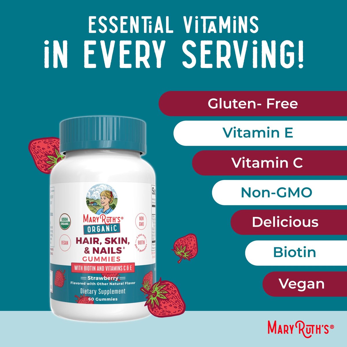 MaryRuth's USDA Organic Hair Skin and Nail Gummies - 2500 mcg Biotin with Vitamin C & E - 60 Count Avelisse