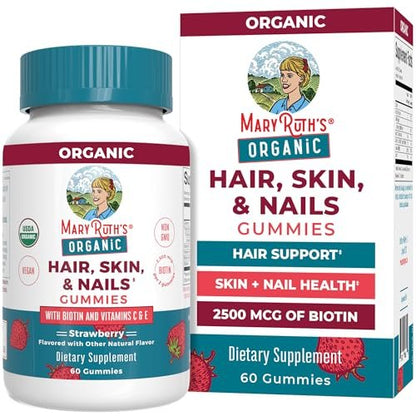 MaryRuth's USDA Organic Hair Skin and Nail Gummies - 2500 mcg Biotin with Vitamin C & E - 60 Count Avelisse