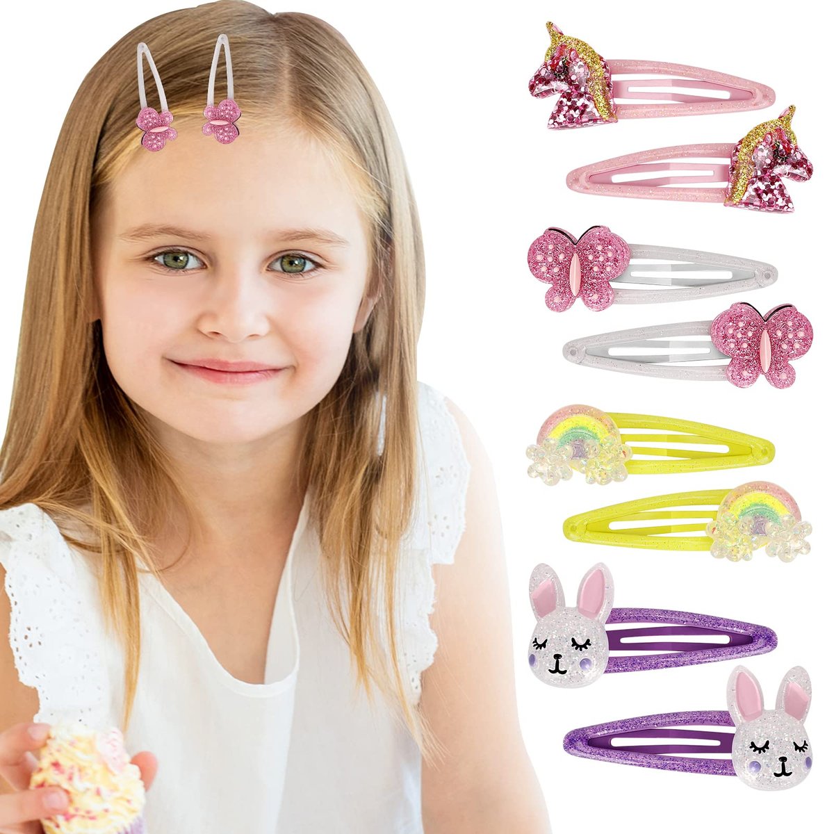 Wingchold 16-Piece Unicorn, Butterfly, Flower, Rabbit Hair Clips Set - Sparkly Rainbow Hair Accessories for Toddlers & Kids, Party Favors & Birthday Gifts - görsel 3